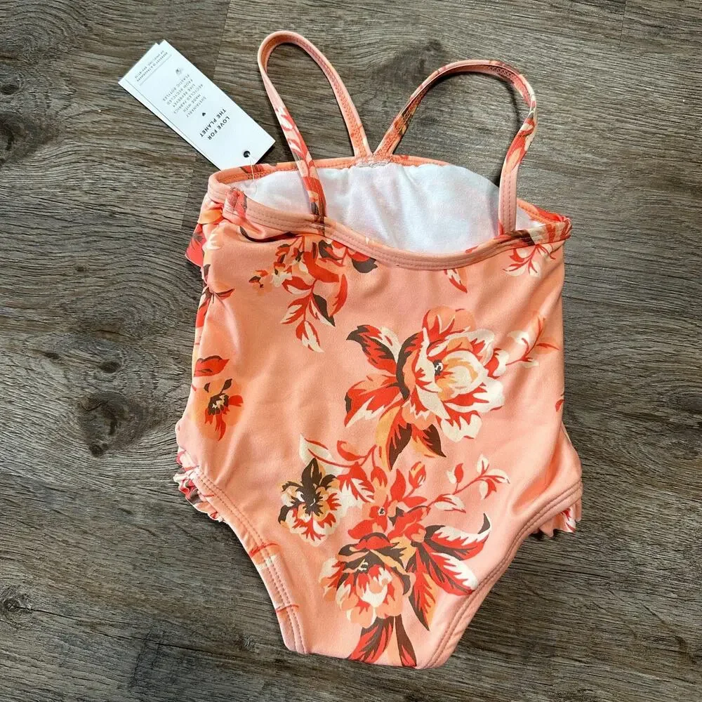 NWT Janie and Jack Girls 6-12 Months Swimsuit One Piece Orange Floral Swim